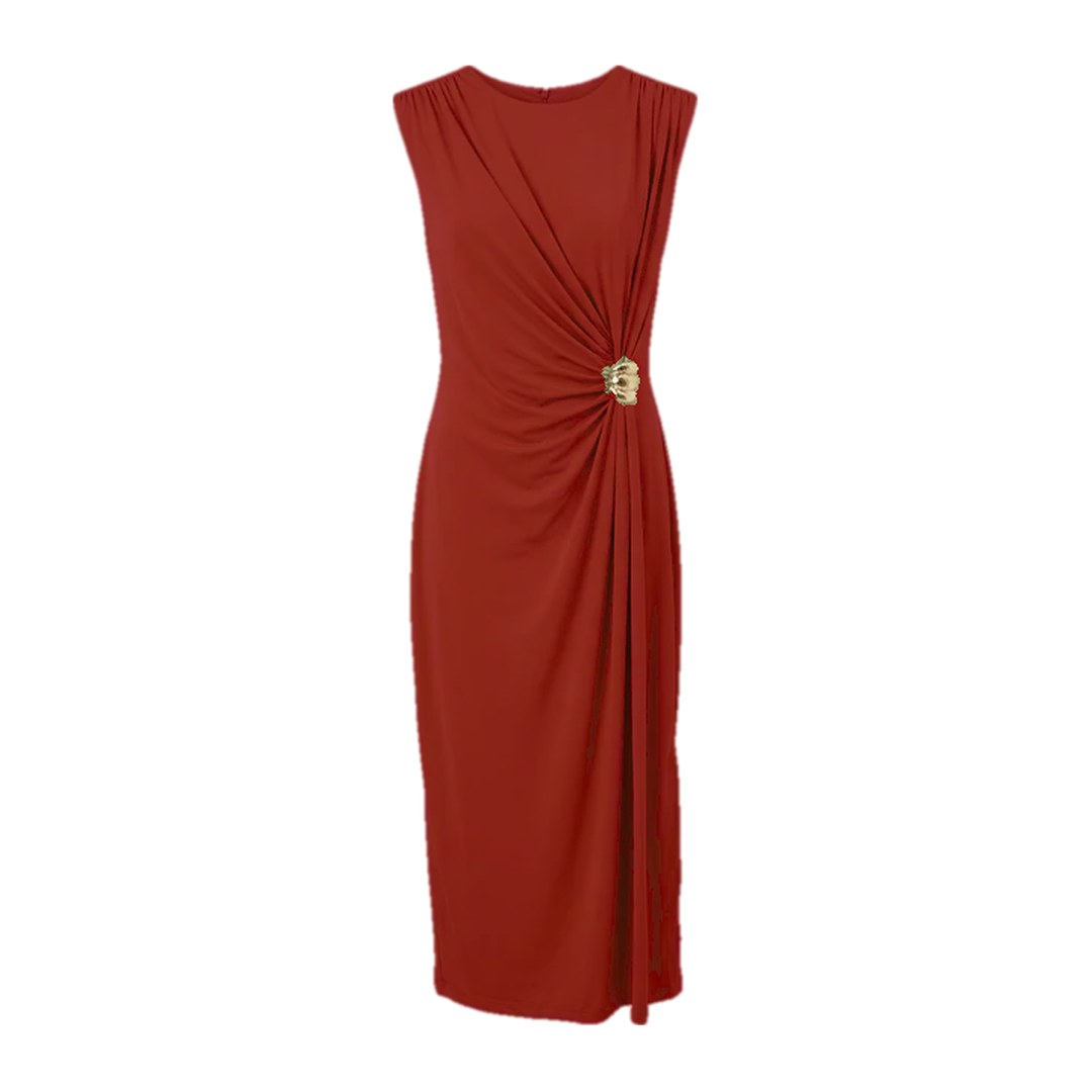 Vestido midi drapeado com fivela — Coral