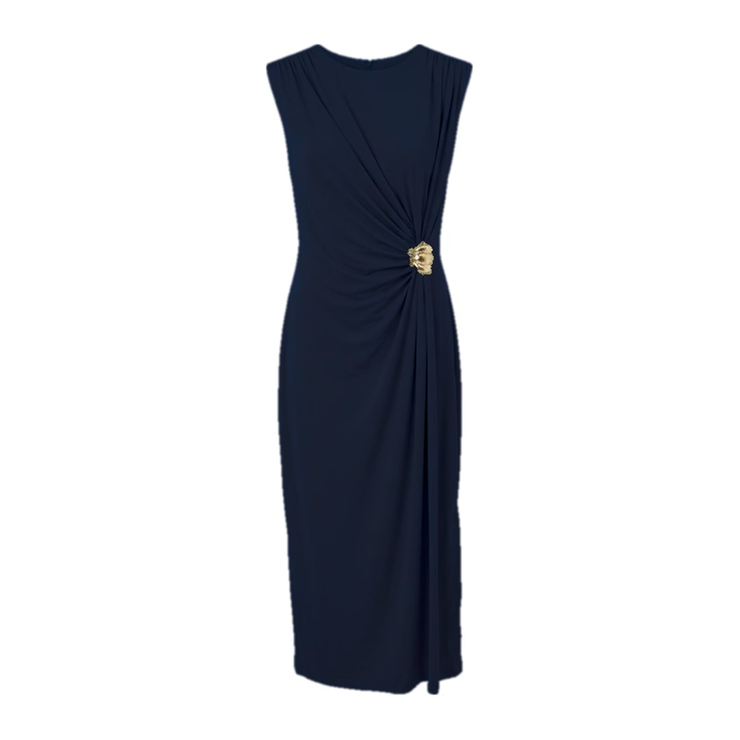 Vestido midi drapeado com fivela — Marinho