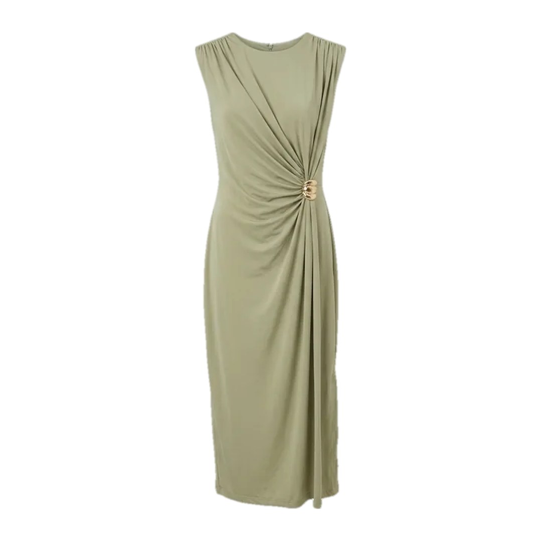 Vestido midi drapeado com fivela — Verde